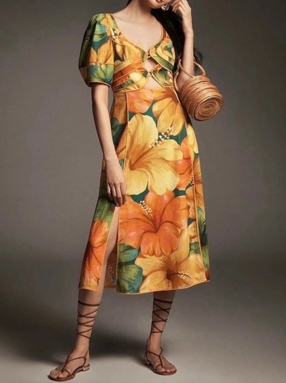 Farm Rio Printed Linen Blend Cutout Midi Dress (Tropical Cocktail) Orange & - Picture 7 of 7